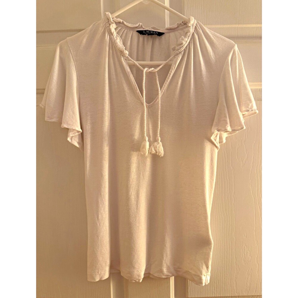 Lauren Ralph Lauren White V-Neck Flutter Sleeve Tassel Tie Blouse XS